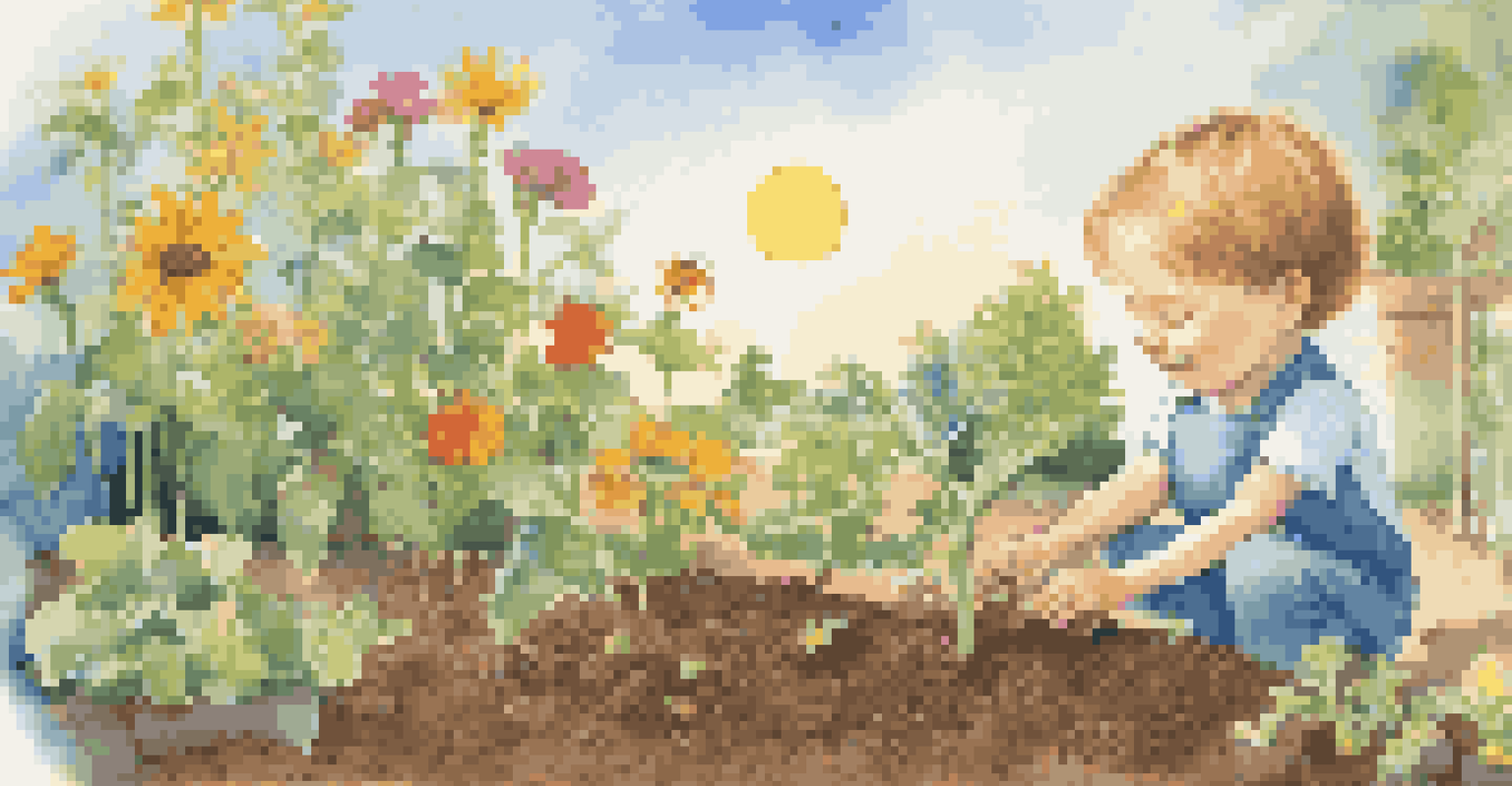 A child planting a seed labeled 'Savings' in a colorful garden, representing the concept of compound interest under a bright sun.
