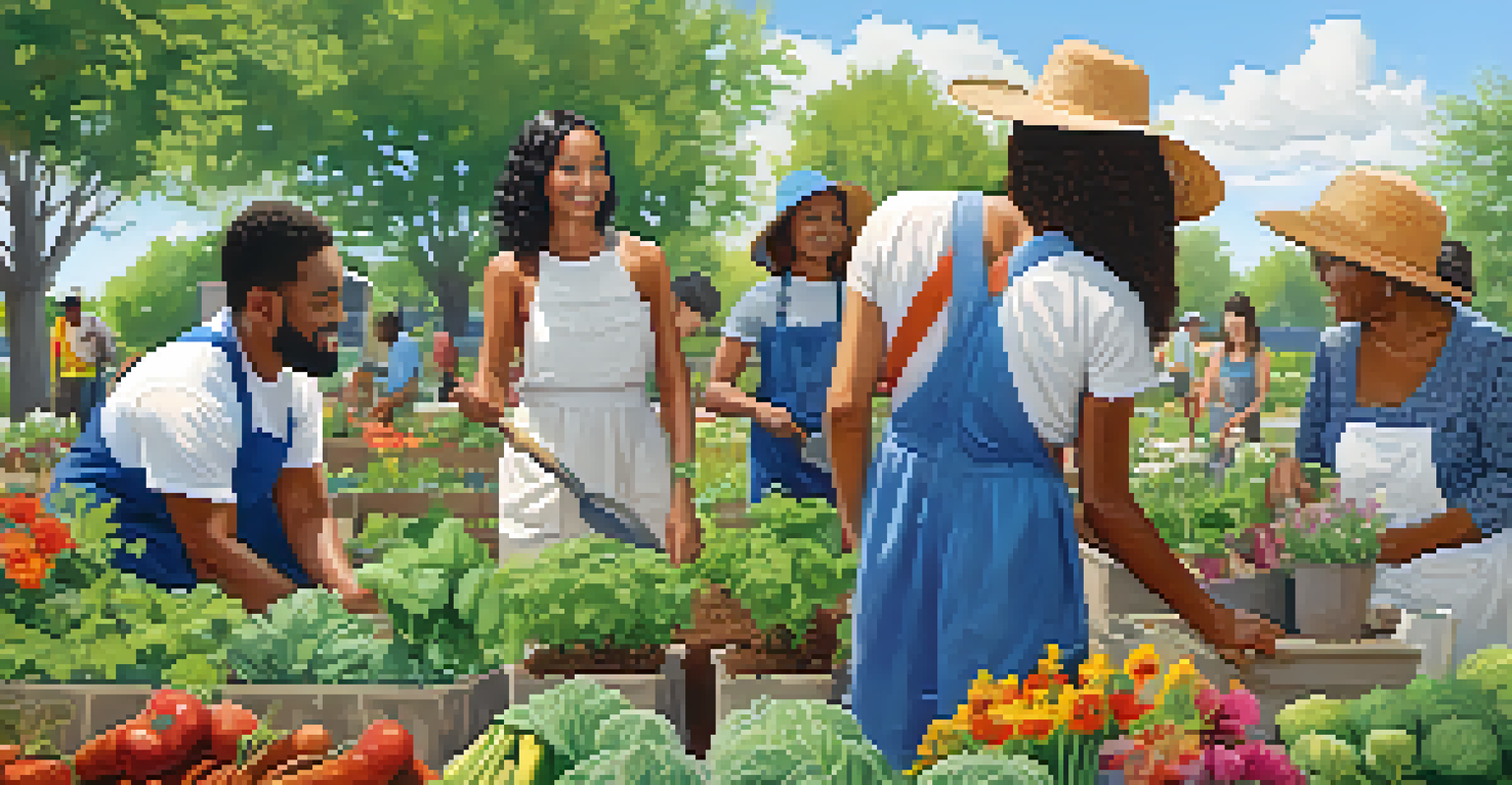 A community garden scene showing people of various backgrounds working together to plant flowers and vegetables.