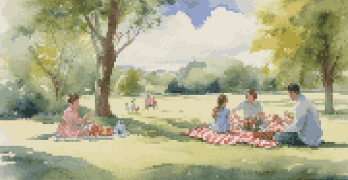 A family having a picnic in a green park under a blue sky with children playing nearby.