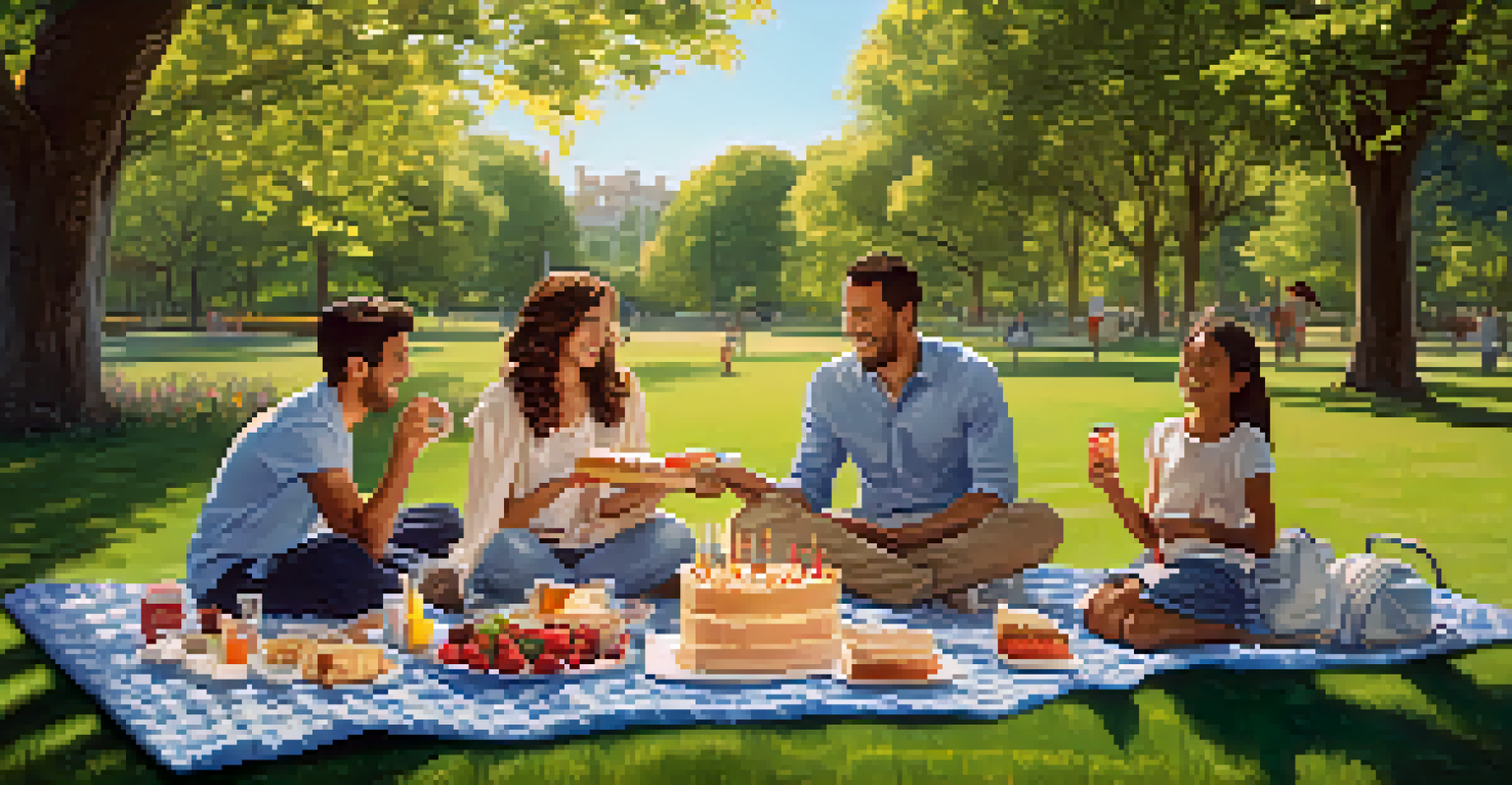 A family picnic in a park celebrating an investment milestone with a cake and smiling faces under the sun.