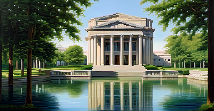A central bank building surrounded by greenery and a calm river, showcasing classical architecture in warm sunlight.