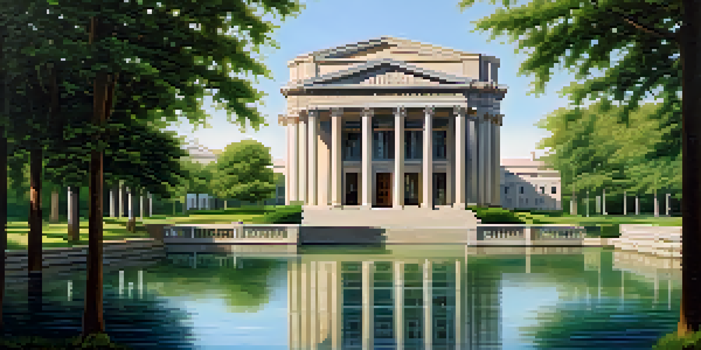 A central bank building surrounded by greenery and a calm river, showcasing classical architecture in warm sunlight.