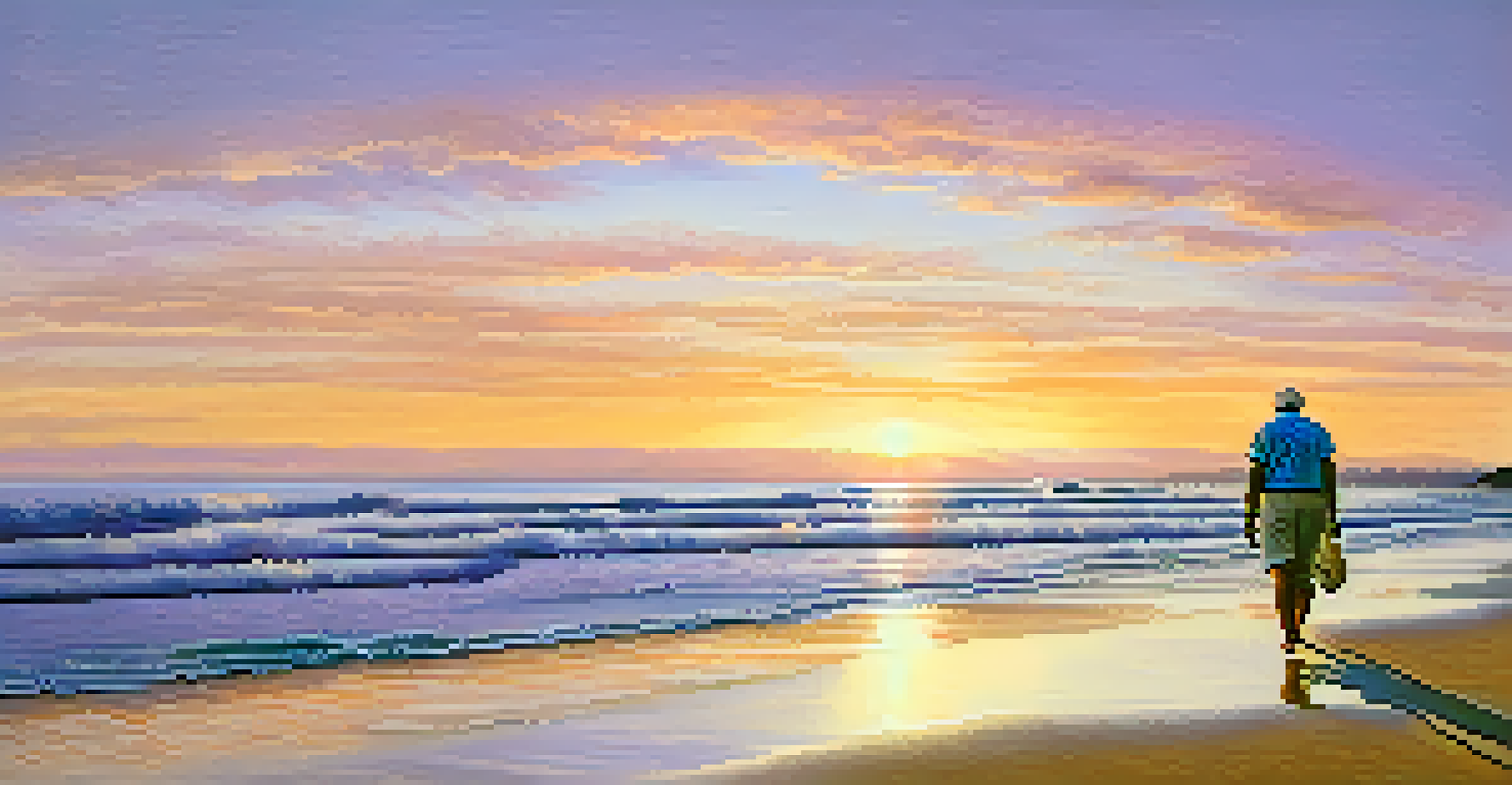A retiree walking on the beach during sunset, collecting seashells with a colorful sky in the background.