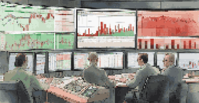 A stock market trading desk with monitors showing fluctuating graphs and charts in warm light.