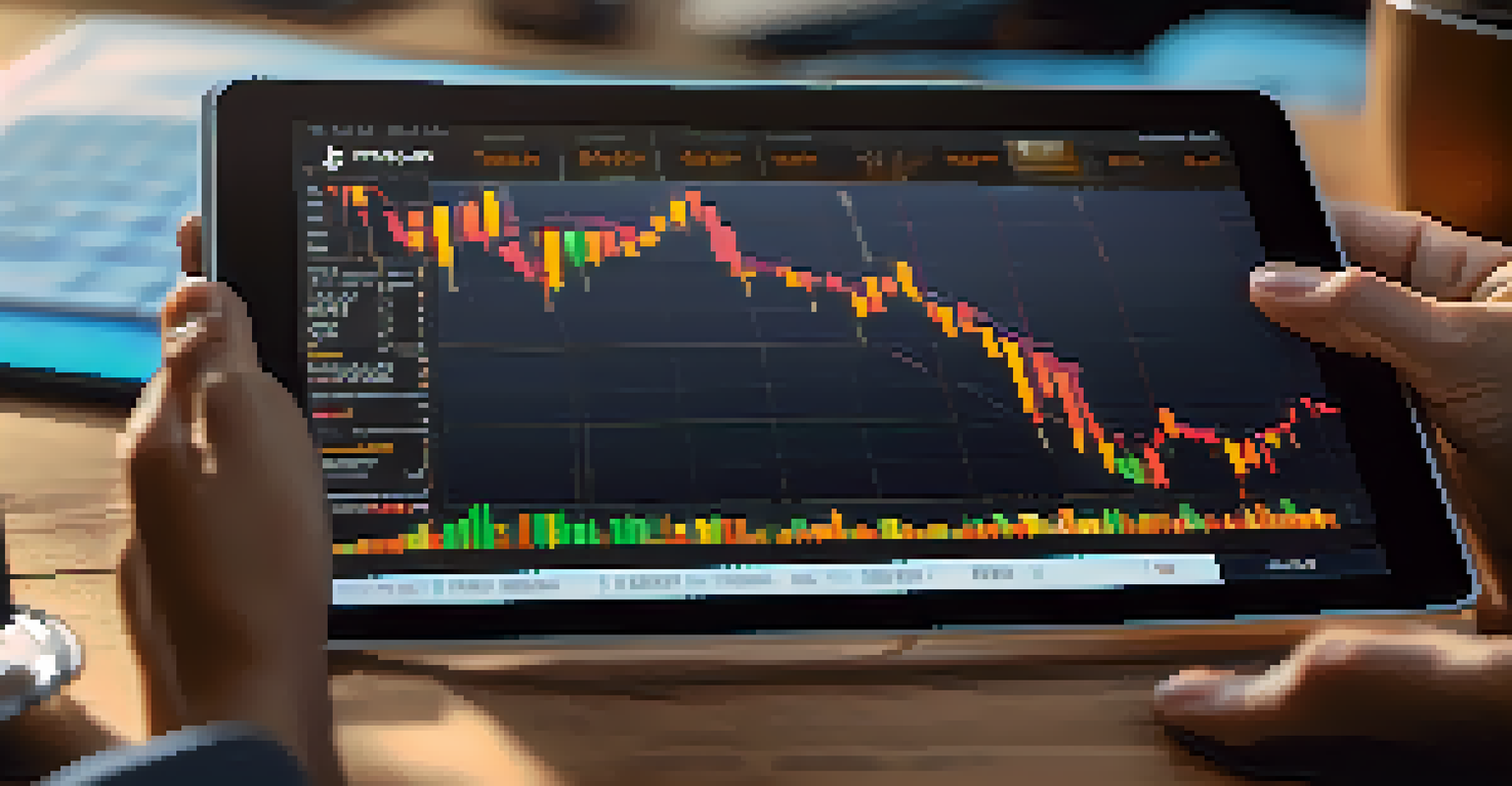 A close-up of hands on a tablet setting a stop-loss order in a stock trading app, with a cup of coffee in the background.