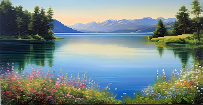 A tranquil lake surrounded by greenery and mountains, with sunlight reflecting on the water and wildflowers in the foreground.