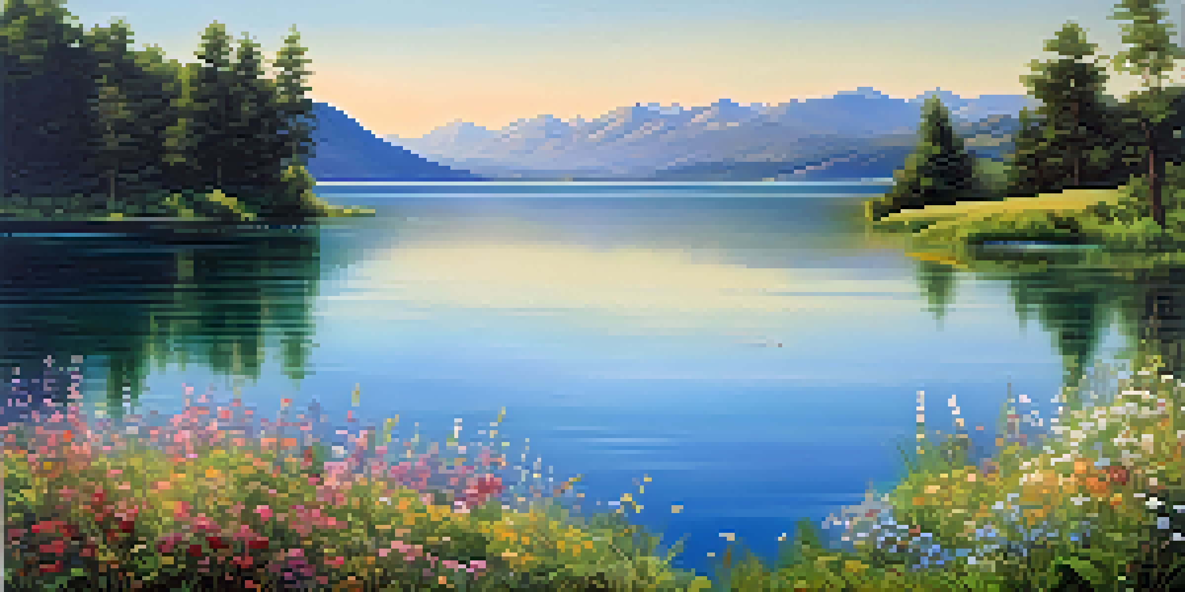 A tranquil lake surrounded by greenery and mountains, with sunlight reflecting on the water and wildflowers in the foreground.