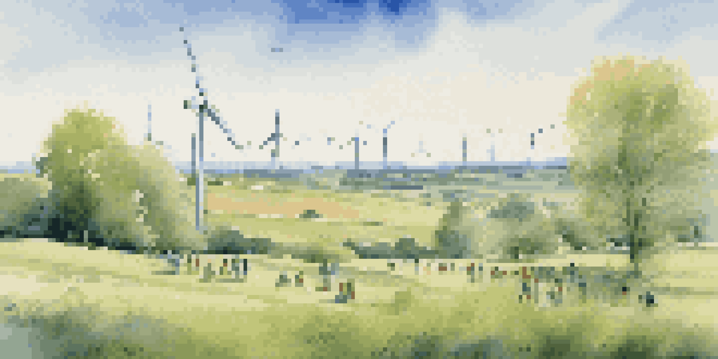 A peaceful green field with wind turbines and people planting trees under a bright sky.