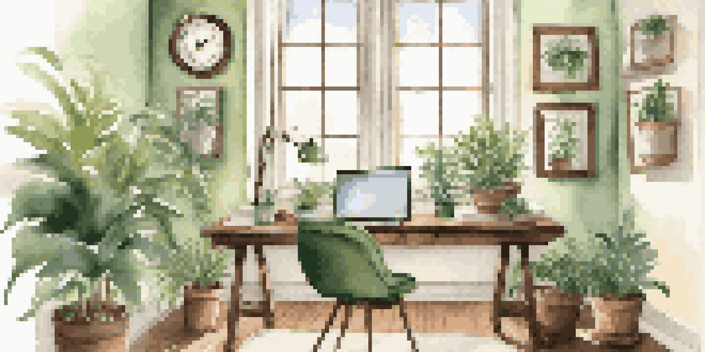 A bright and organized office desk with a laptop, notepad, and coffee cup, surrounded by plants and bathed in natural light.
