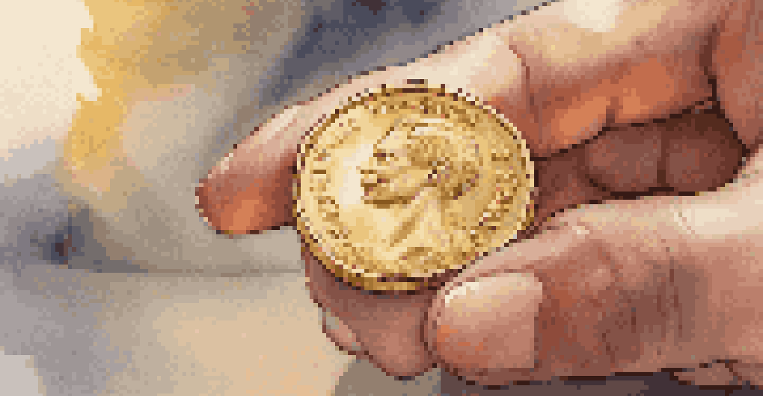 A close-up image of a hand holding a shiny gold coin against a blurred background, emphasizing the coin's details.