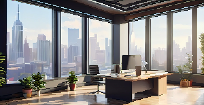 A bright modern office with a view of the city skyline, featuring a desk with a laptop and charts on a whiteboard.