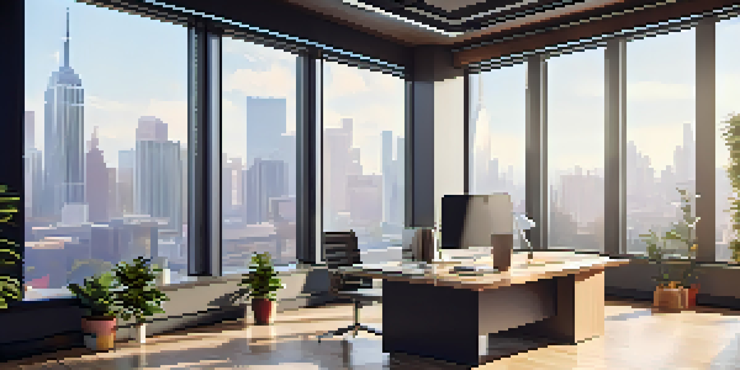 A bright modern office with a view of the city skyline, featuring a desk with a laptop and charts on a whiteboard.