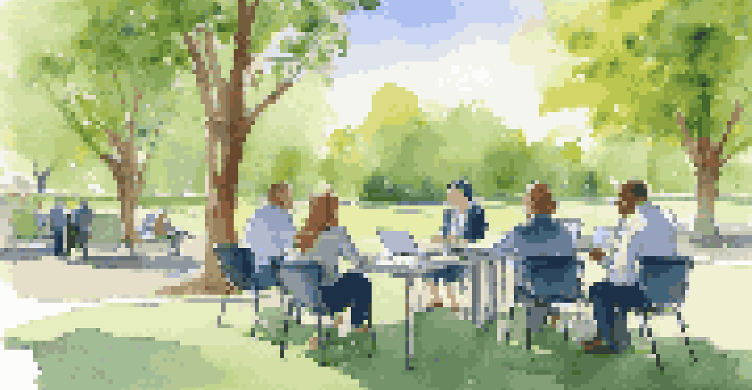 A team of financial planners having a meeting outdoors in a park, with a laptop and natural surroundings.