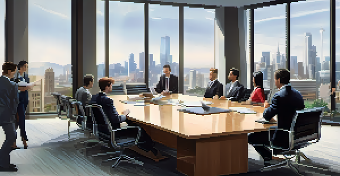 A diverse group of businesspeople in a conference room engaged in negotiation, with a city skyline visible through large windows.