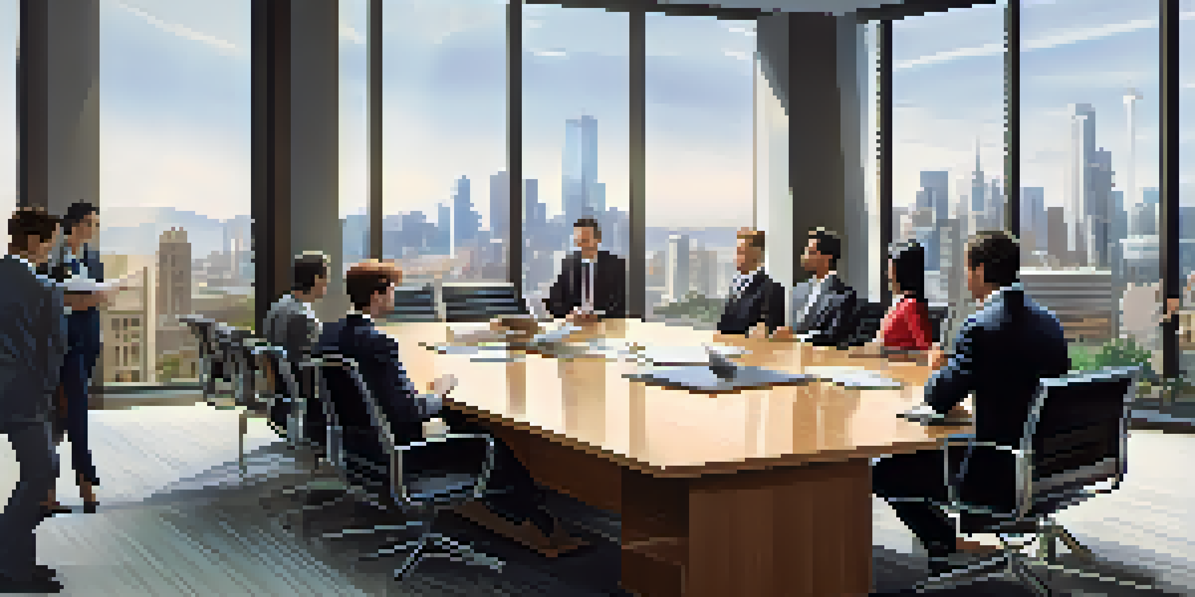 A diverse group of businesspeople in a conference room engaged in negotiation, with a city skyline visible through large windows.