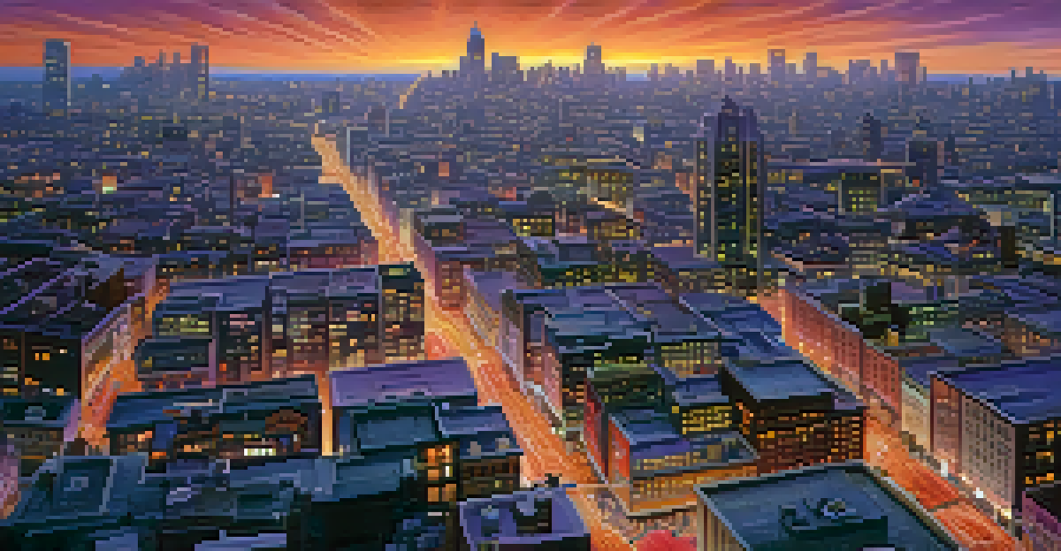 A city skyline at dusk with illuminated skyscrapers and busy streets under a colorful sky.