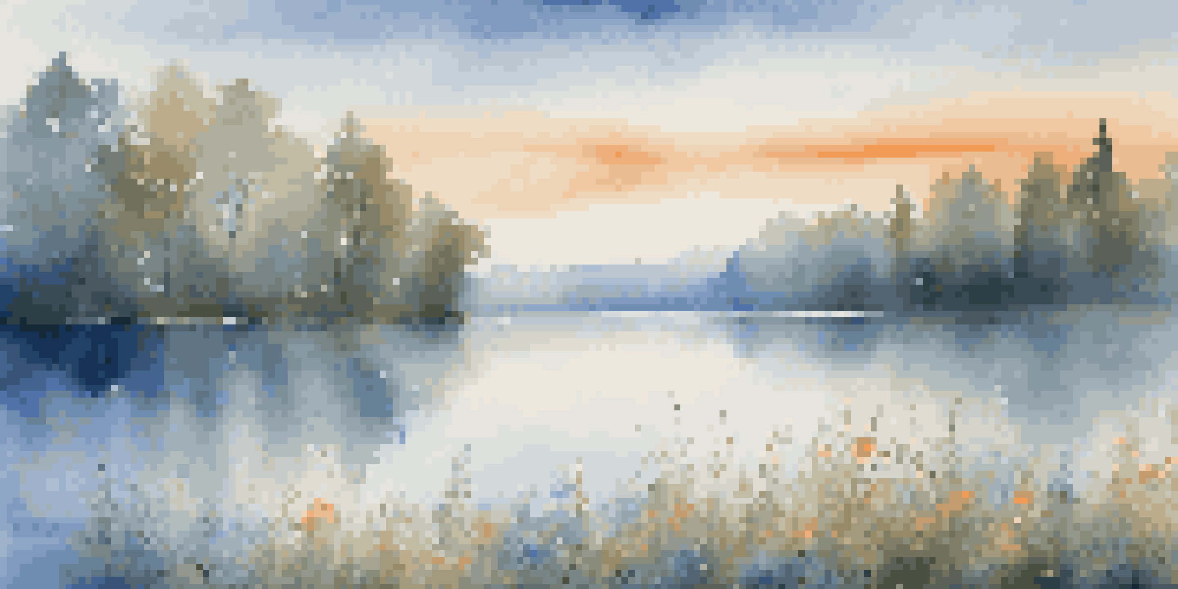 A peaceful lake at sunrise surrounded by blooming wildflowers and tall trees, with mist over the water and a colorful sky.