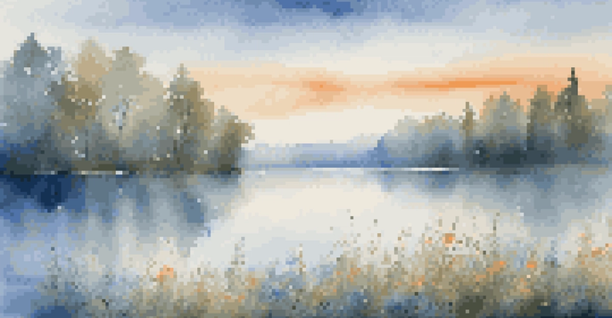 A peaceful lake at sunrise surrounded by blooming wildflowers and tall trees, with mist over the water and a colorful sky.