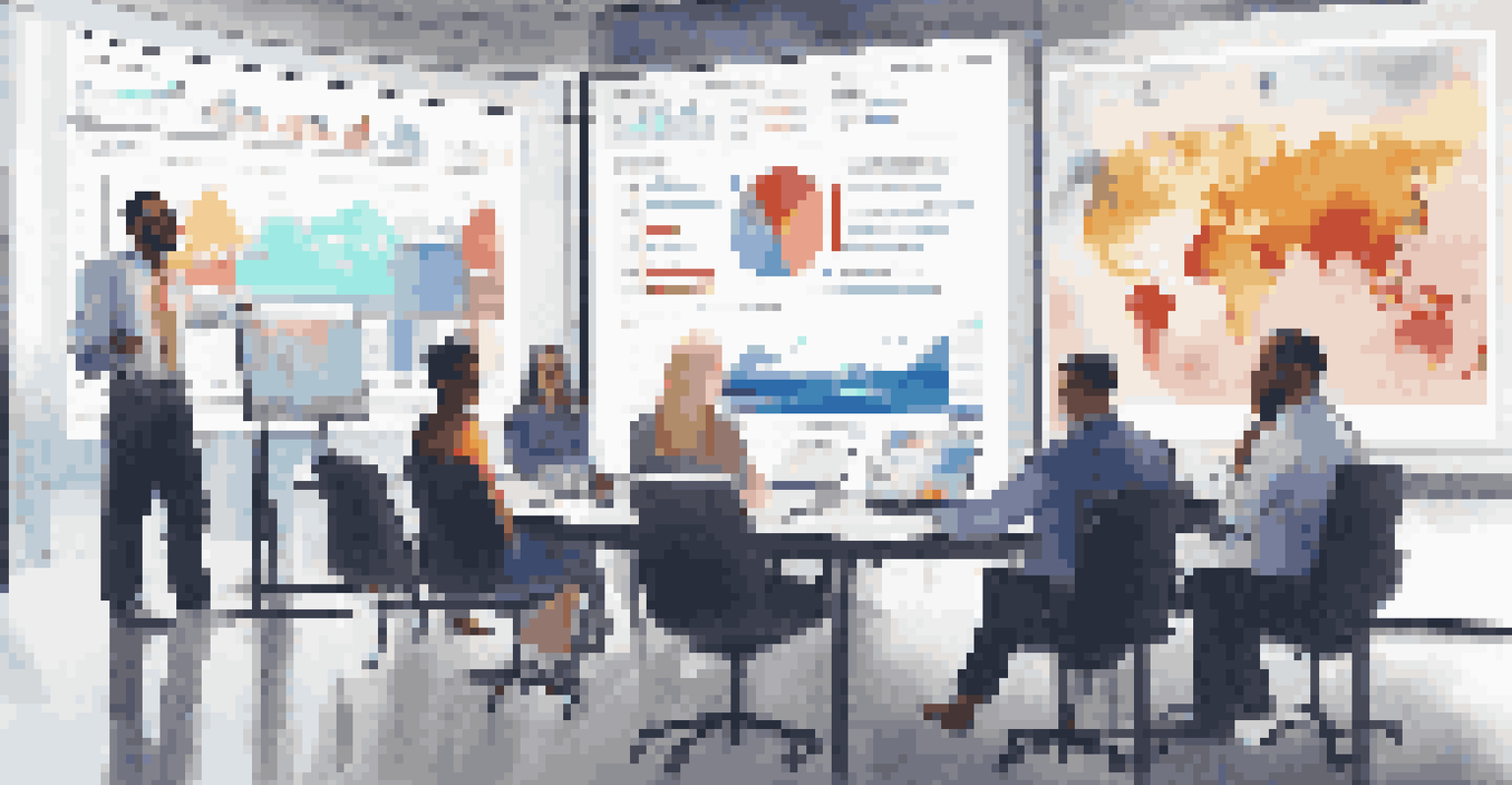 Professionals in a conference room discussing labor market trends with infographics on a screen.