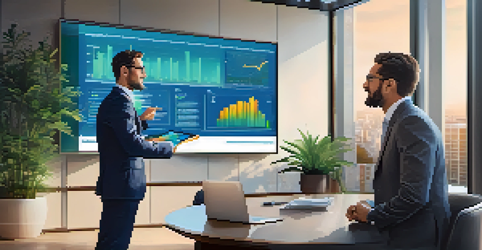 A financial advisor explaining investment diversification to a client in a modern office setting with digital screens.