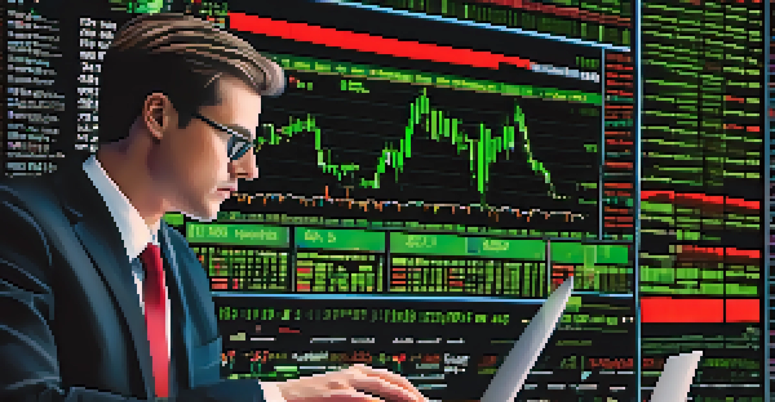 A close-up of a stock market trading screen with prices and graphs, hands typing on a laptop.