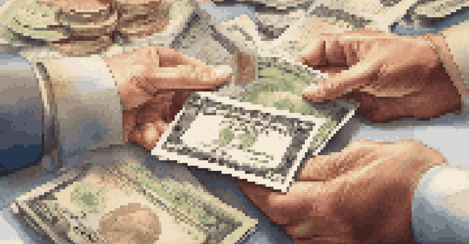 Close-up of hands holding stock certificates and a smartphone with stock market data, surrounded by currency notes and coins, representing financial investment.