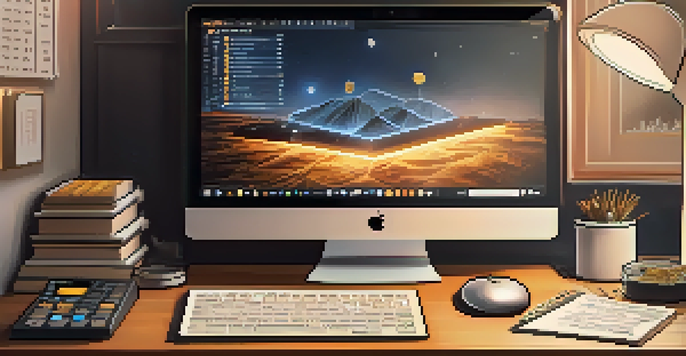 A flat lay of a workspace with a laptop showing cryptocurrency graphs, notebooks, and a calculator on a wooden desk illuminated by warm light.