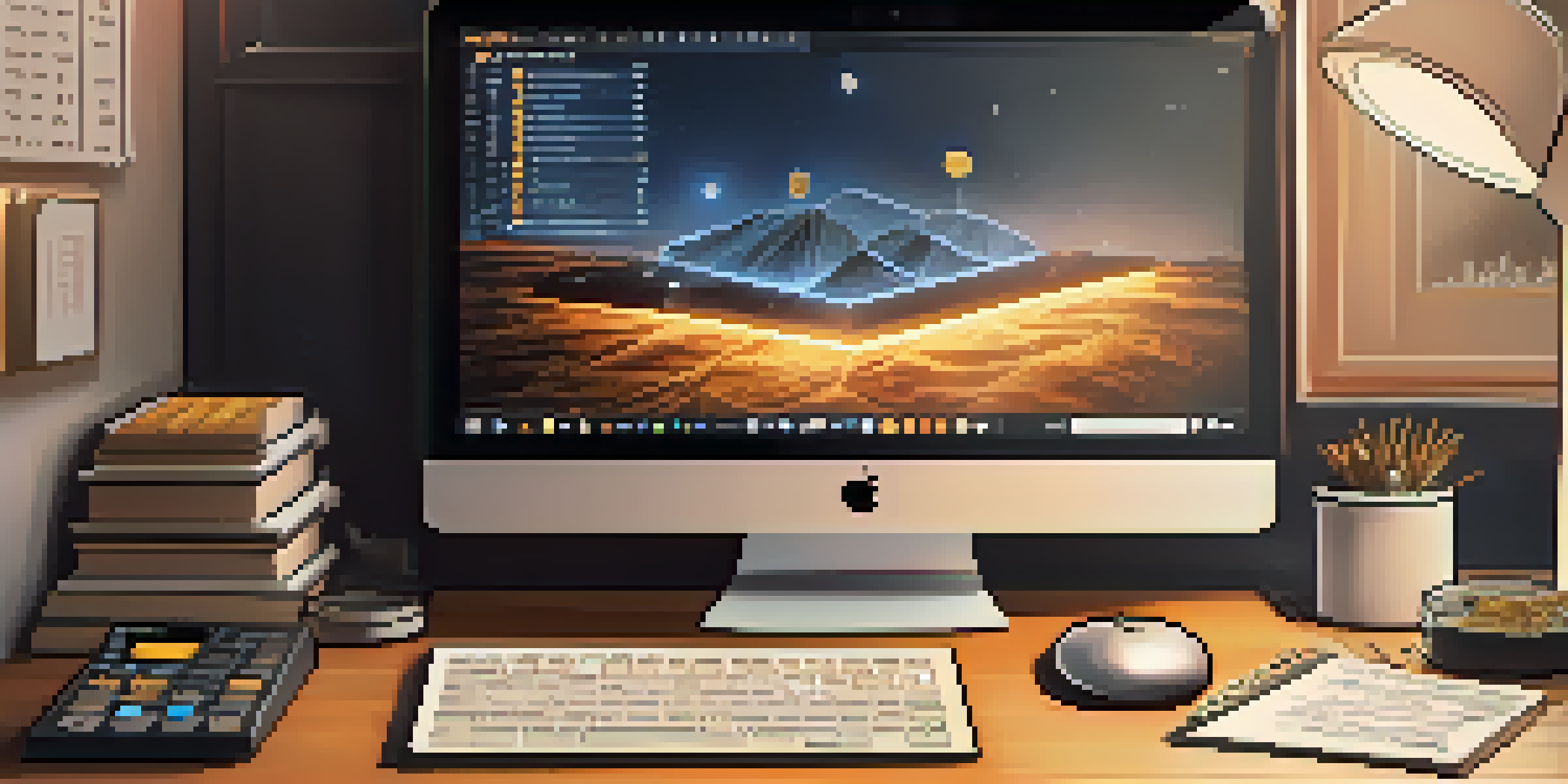 A flat lay of a workspace with a laptop showing cryptocurrency graphs, notebooks, and a calculator on a wooden desk illuminated by warm light.