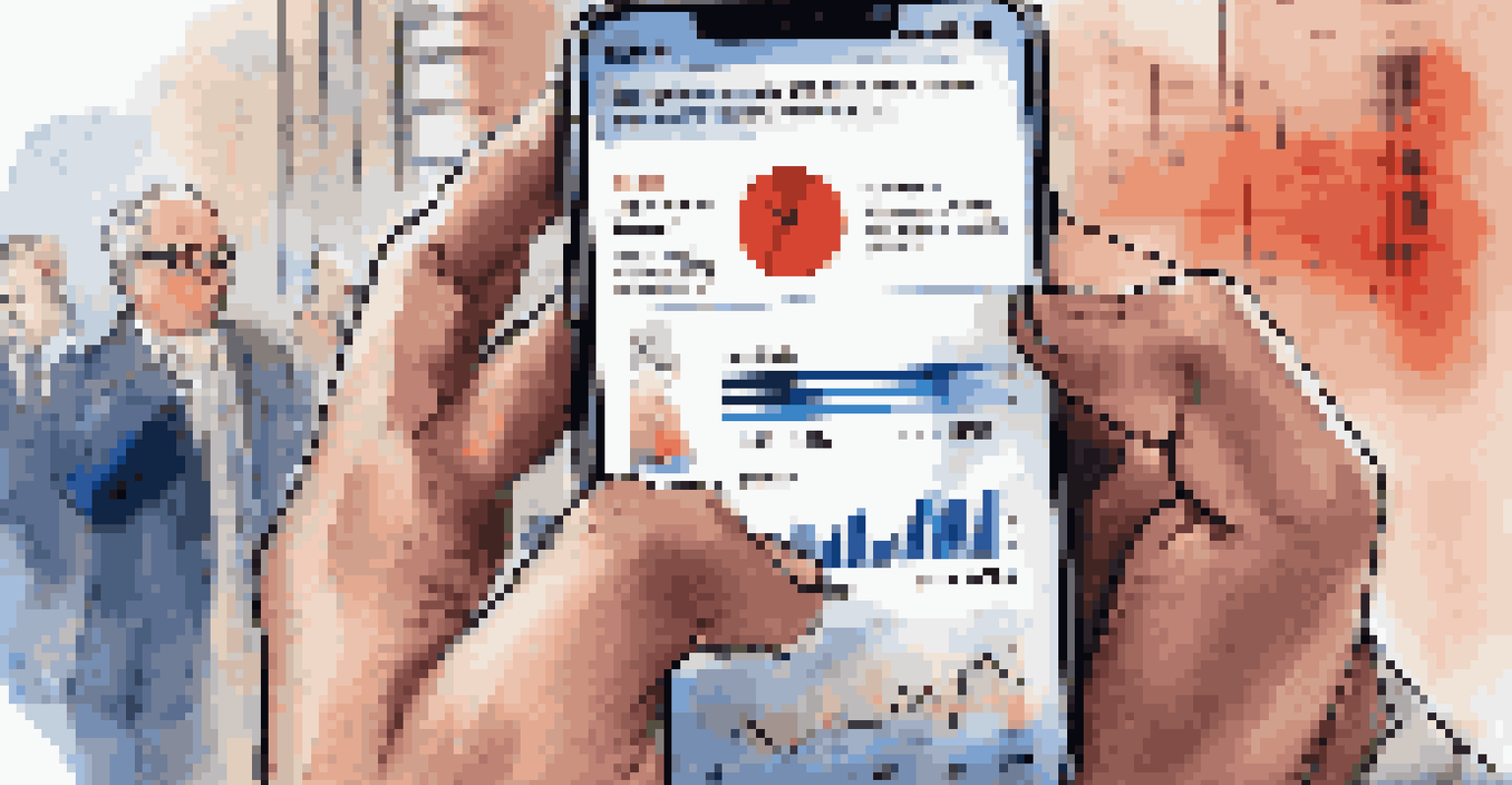 A person looking concerned while holding a smartphone showing an investment app, with financial news in the background.