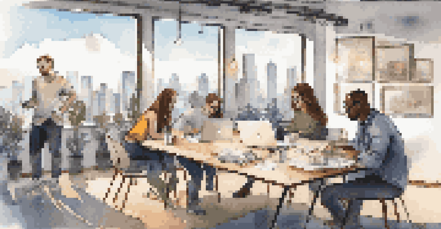 A group of millennials in a co-working space discussing real estate investments, with laptops and city views in the background.