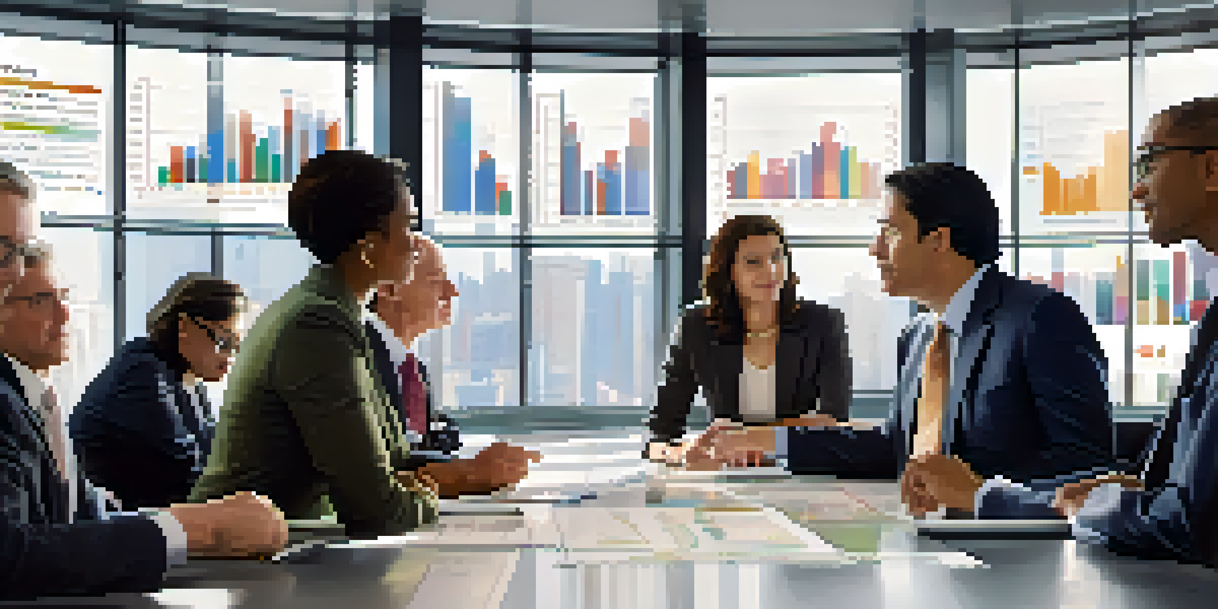 A diverse group of investors discussing financial charts in a well-lit conference room.