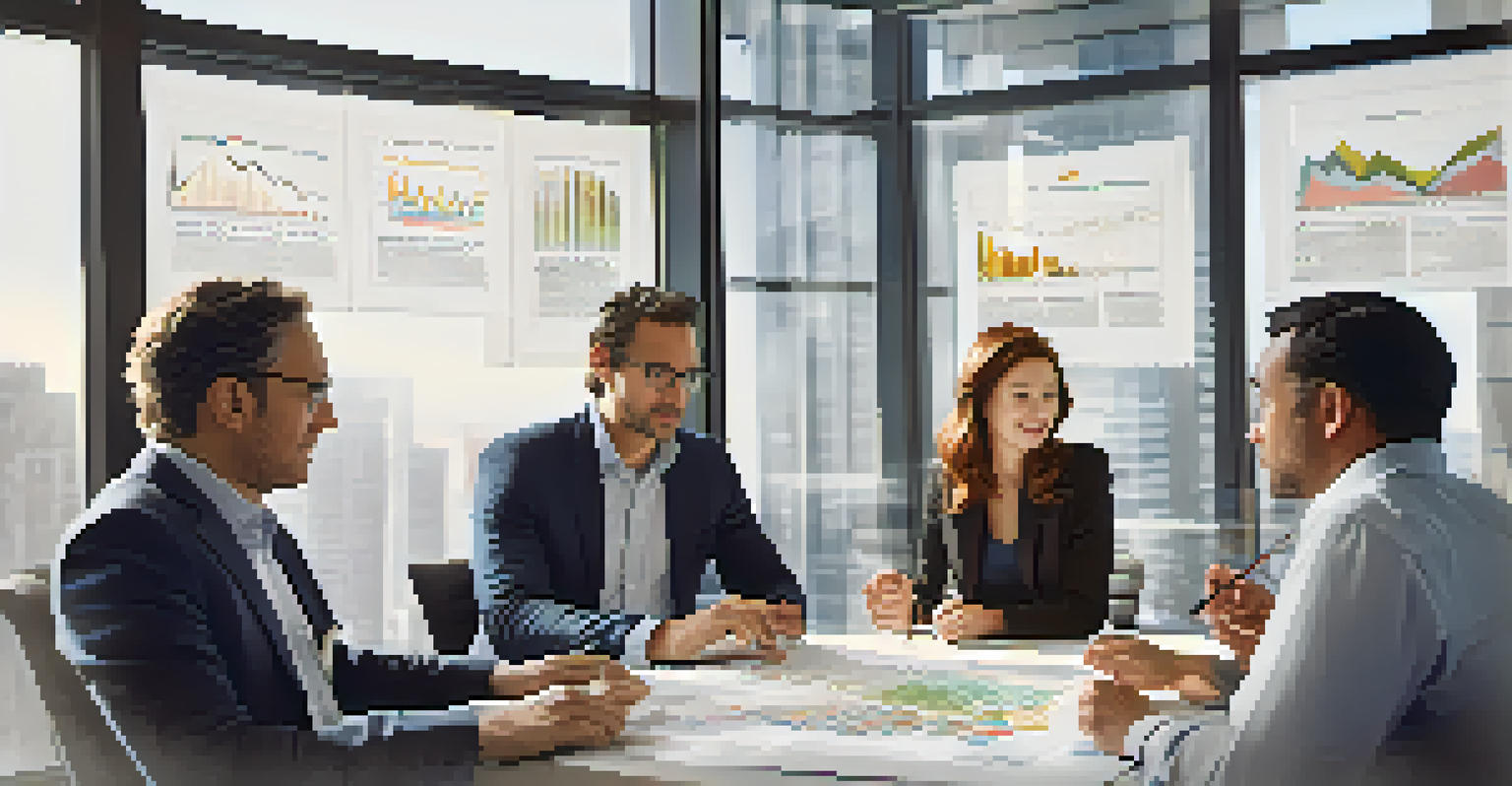 A diverse group of professionals discussing charts and graphs about foreign investments in a well-lit room.