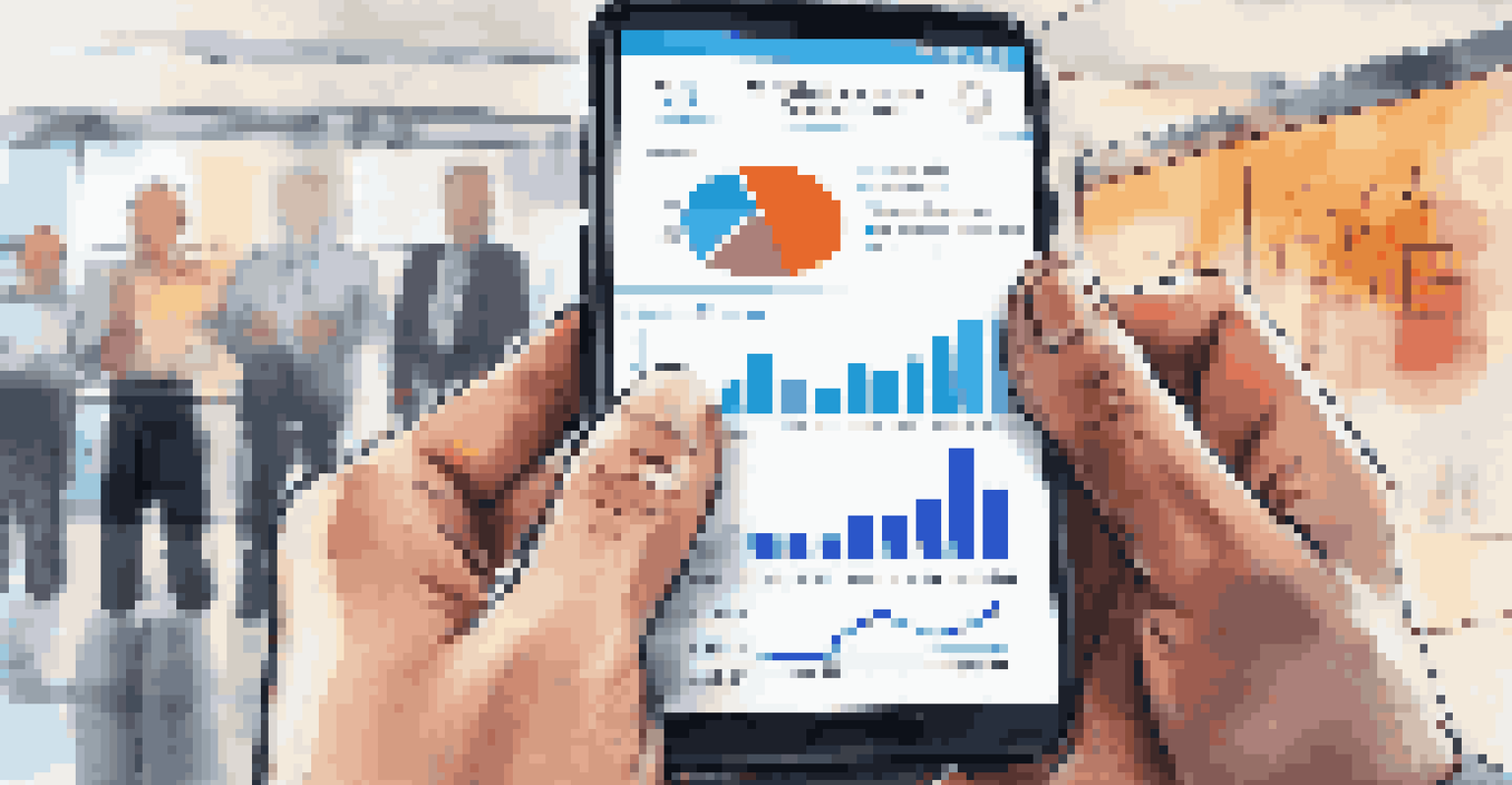 Close-up of hands using a smartphone to track financial goals, with an office filled with charts in the background.