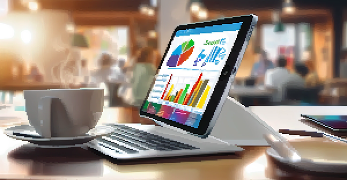 Hands holding a tablet showing financial graphs in a café setting.