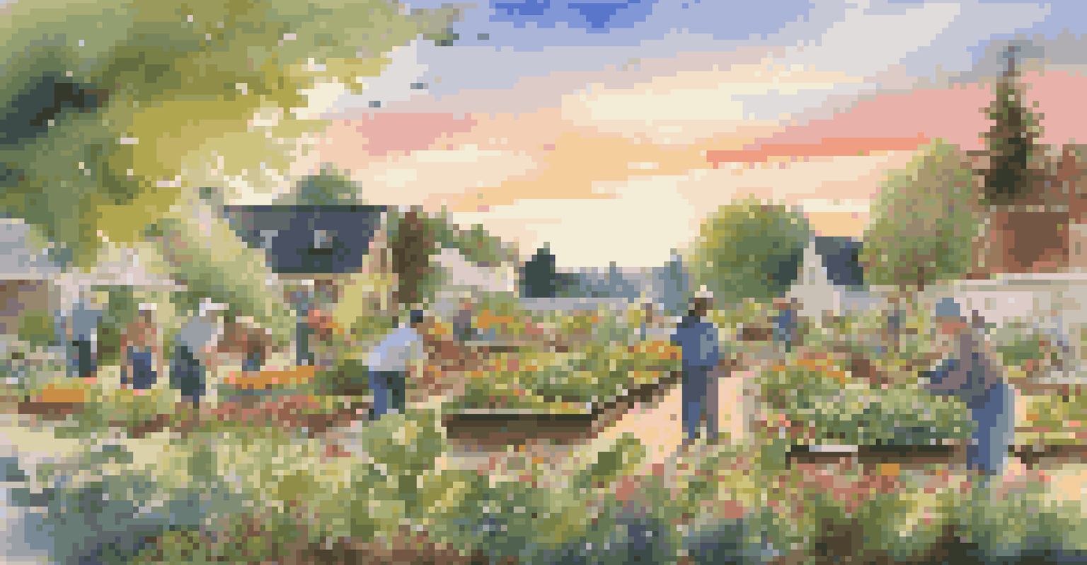 A community garden with residents planting organic vegetables at sunset, surrounded by colorful flowers and greenery.