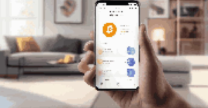 Close-up of a hand holding a smartphone with a cryptocurrency wallet app in a modern living room.
