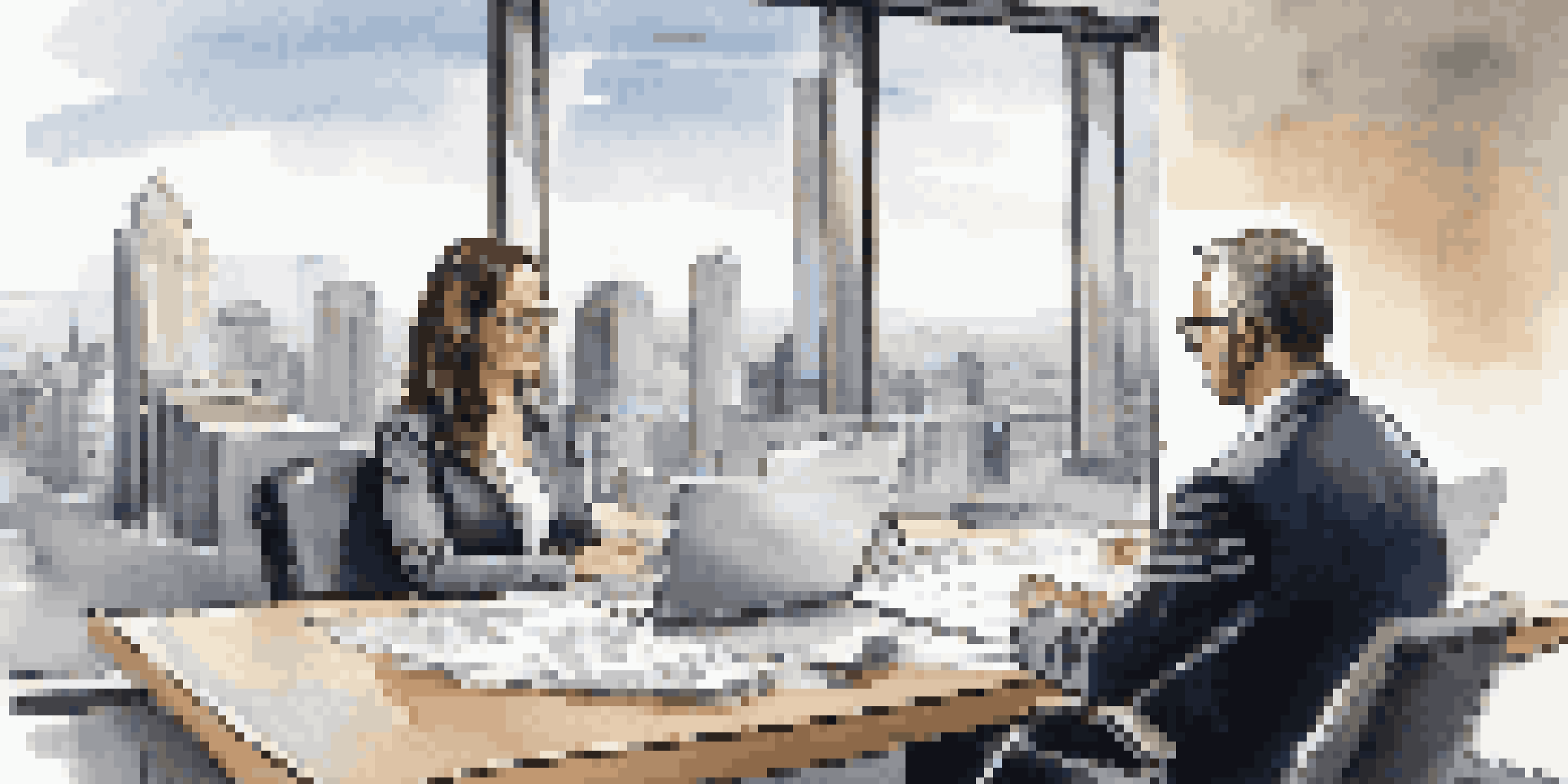An accountant and a business owner discussing financial reports at a conference table in a modern office.