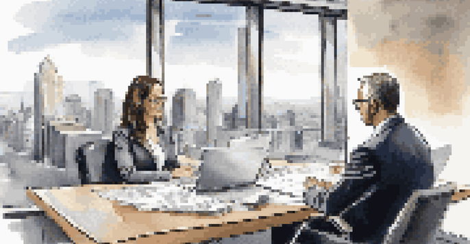 An accountant and a business owner discussing financial reports at a conference table in a modern office.