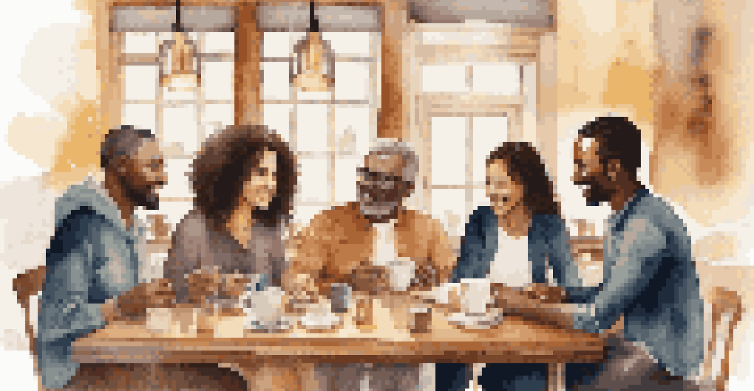 A diverse group of individuals discussing and supporting each other in a cozy cafe, surrounded by coffee cups and notebooks.