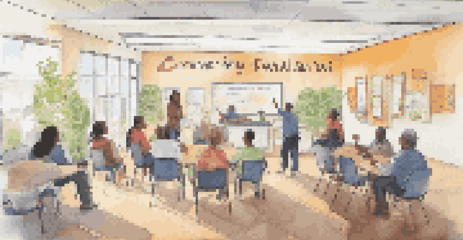 A community center hosting financial counseling workshops, with people collaborating and sharing ideas.