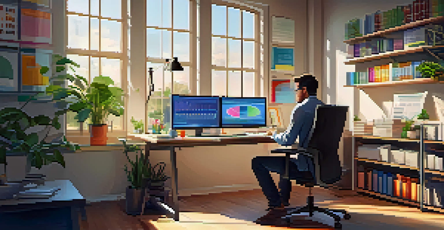 A modern workspace with a person reading financial literature, a laptop showing graphs, and bright natural light coming through a window.