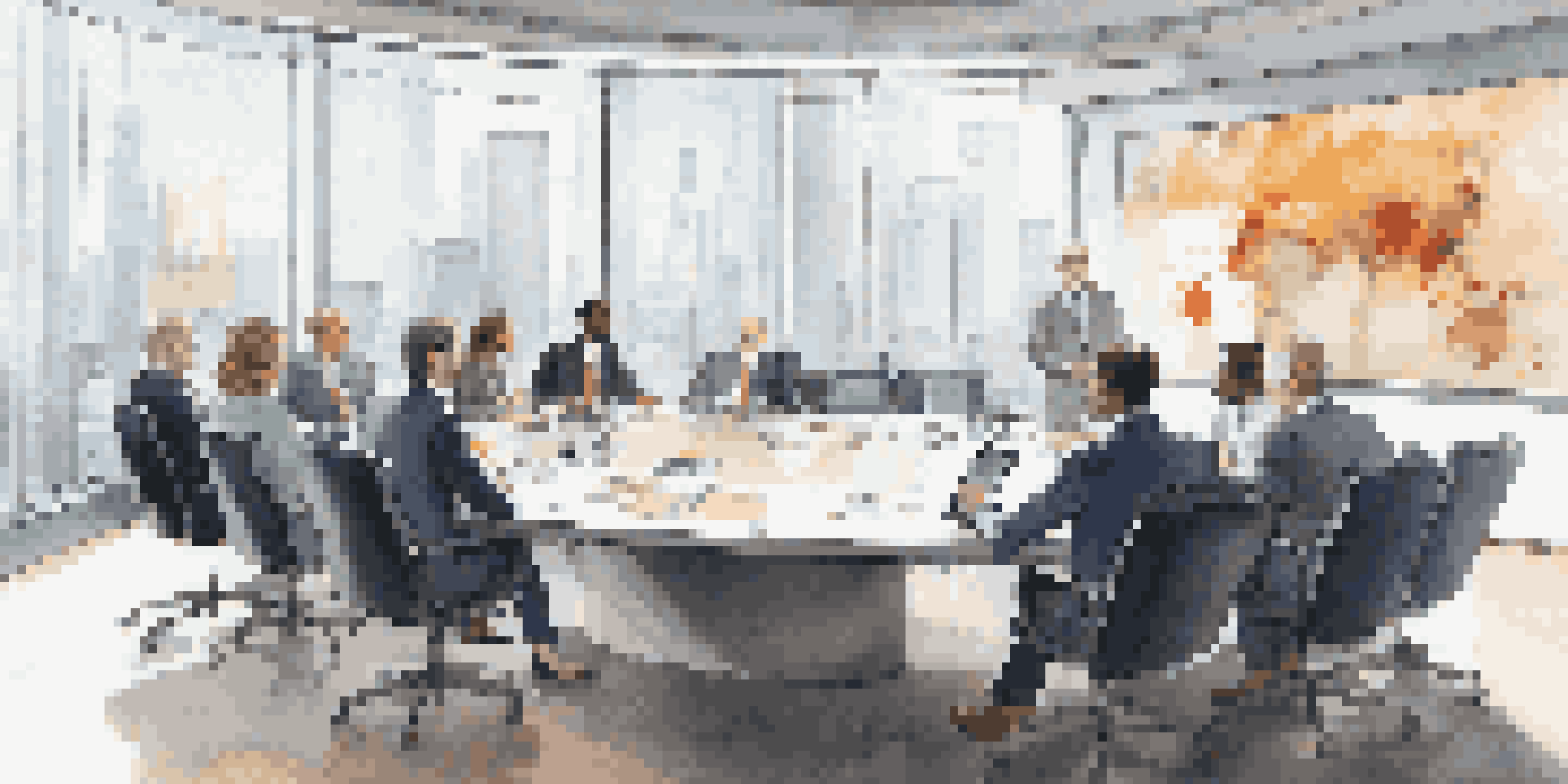 A diverse group of professionals in a modern conference room discussing investment strategies, with charts and financial reports on the table.