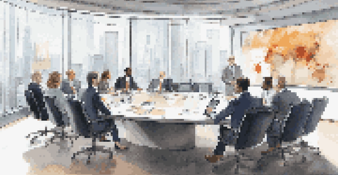 A diverse group of professionals in a modern conference room discussing investment strategies, with charts and financial reports on the table.
