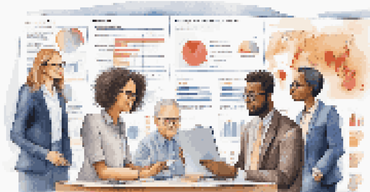 A diverse group of people engaging in financial activities with infographics and graphs representing cognitive biases in the background.