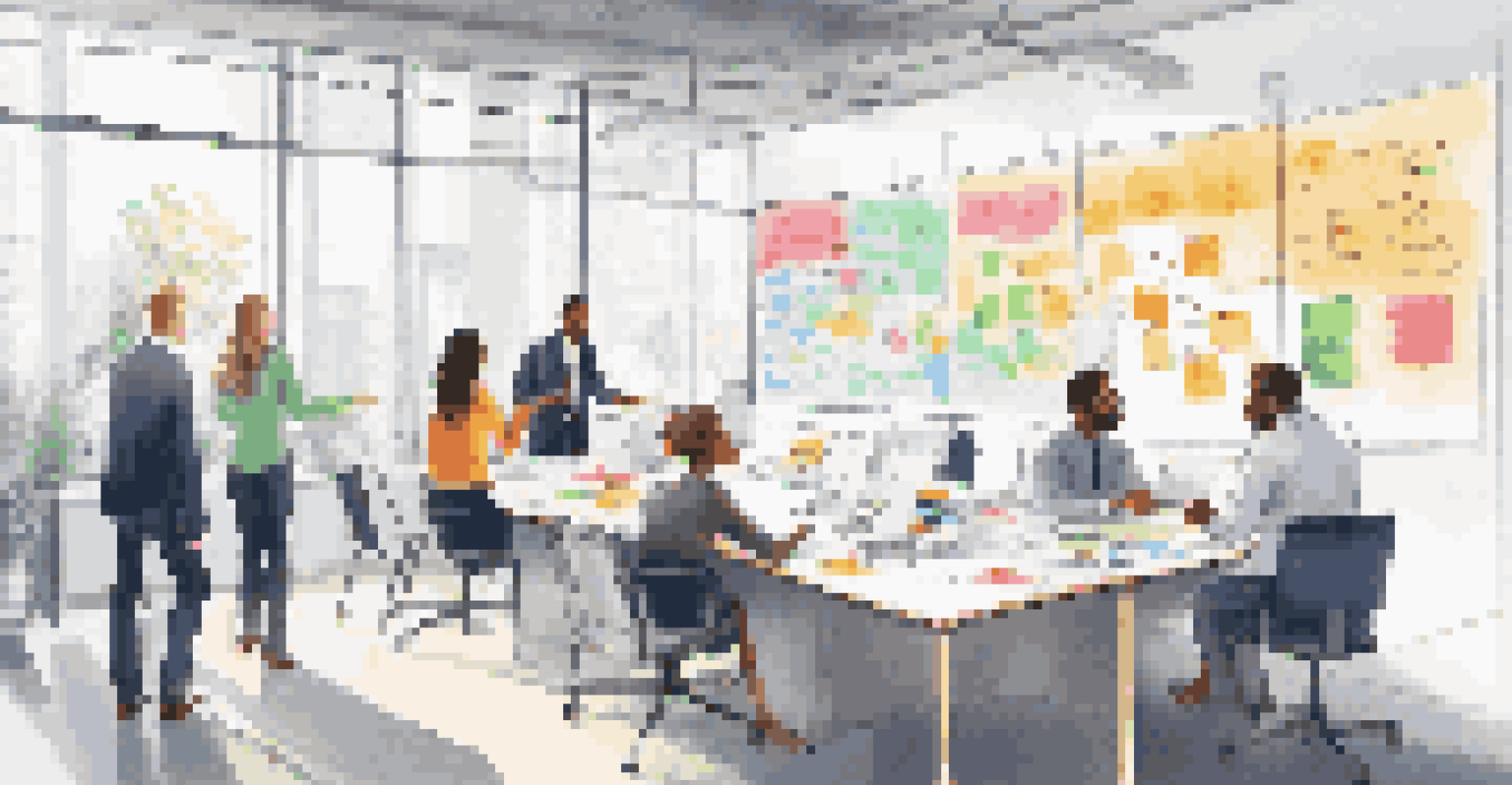 A diverse team in a modern office collaborating over a whiteboard filled with notes and diagrams, illustrating teamwork in risk management.