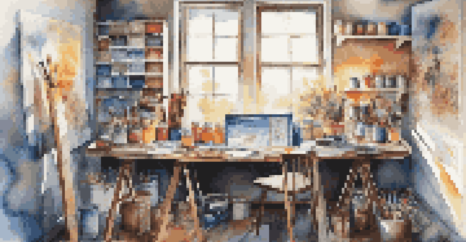 An artist's studio filled with paints and brushes, featuring a canvas with an abstract painting, bright colors, and natural light coming through a window.
