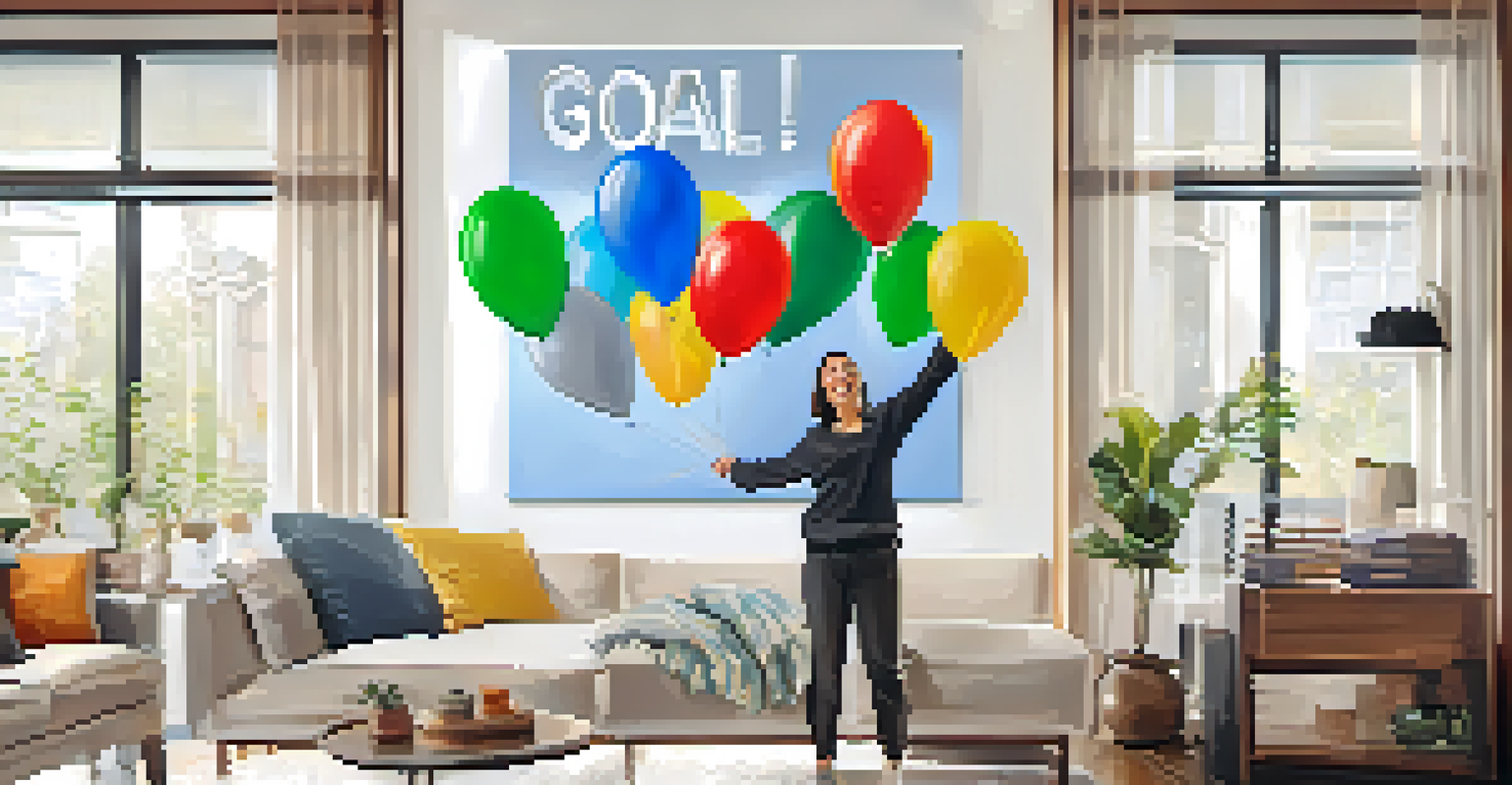 A person celebrating a financial savings milestone in a bright living room, surrounded by balloons and a 'Goal Achieved!' banner.