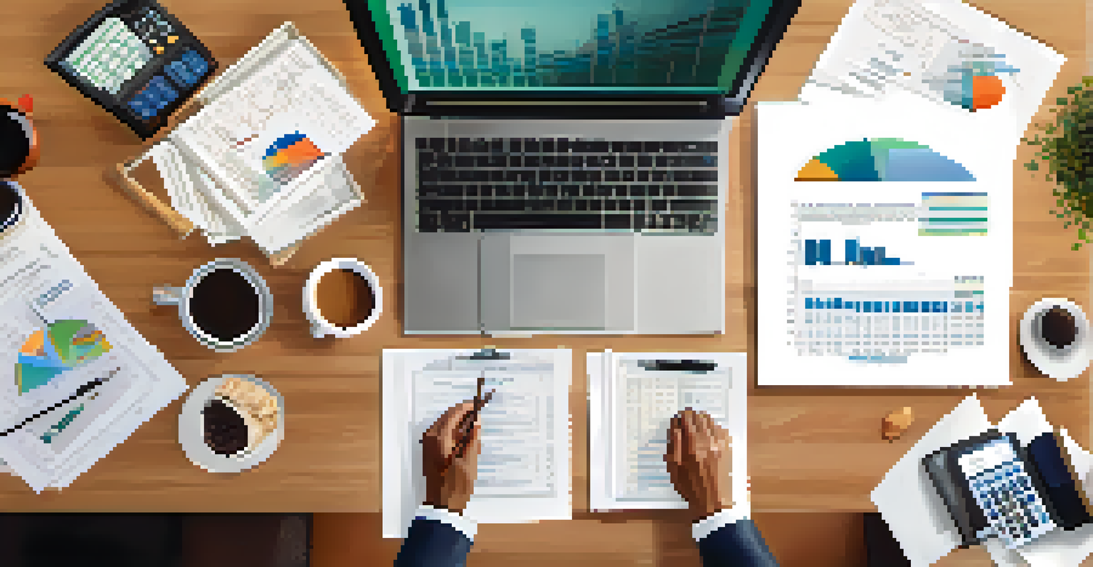 Close-up of hands analyzing financial documents with a calculator and laptop in a bright workspace.