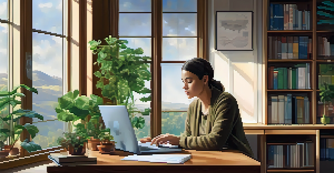 A person at a desk with a laptop, analyzing financial charts in a well-lit room with plants.
