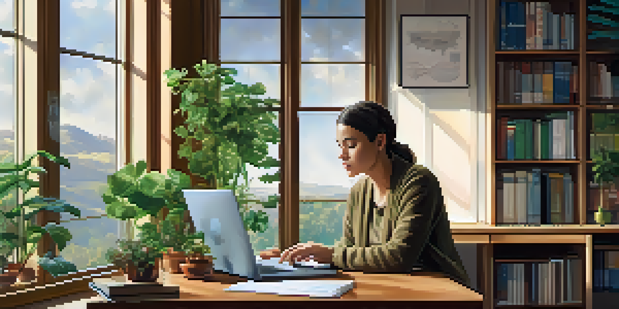 A person at a desk with a laptop, analyzing financial charts in a well-lit room with plants.